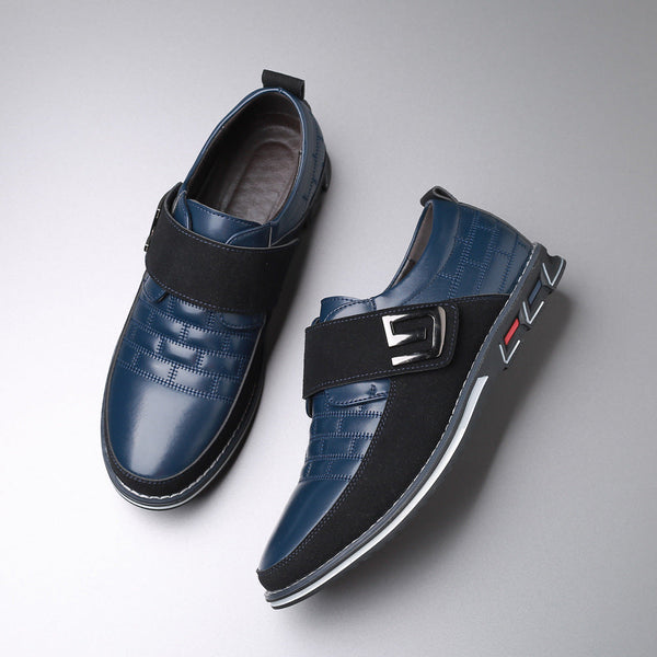 Men's Metal Decor Genuine Leather Splicing Non-Slip Velcro Business Casual Shoes