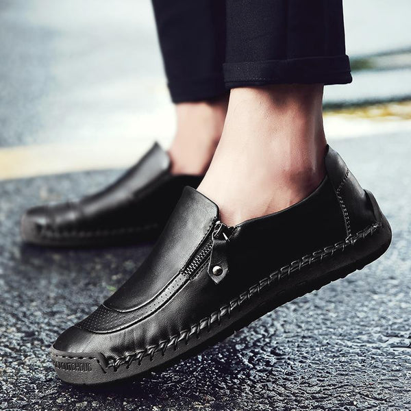 Men Hand Stitching Zipper Slip-on Leather Shoes
