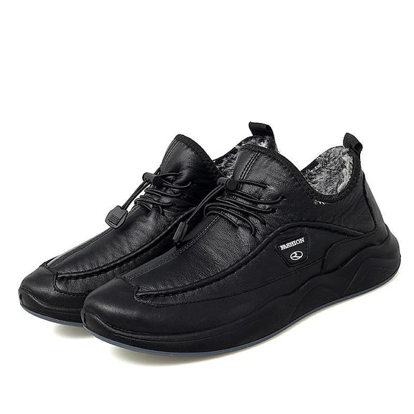 Kaegreel Men's Plush Lining Warm Elastic Lace Non Slip Casual Leather Shoes