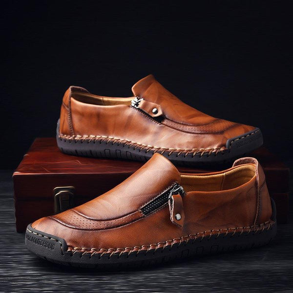 Men Hand Stitching Zipper Slip-on Leather Shoes
