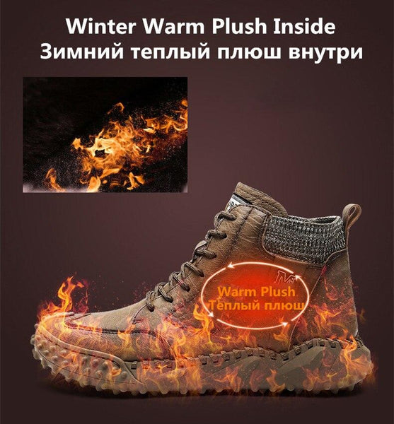 Men Ankle Boots Winter Warm Snow Boots Thick Plush Men Handmade Leather Boots Outdoor Waterproof Work Boots