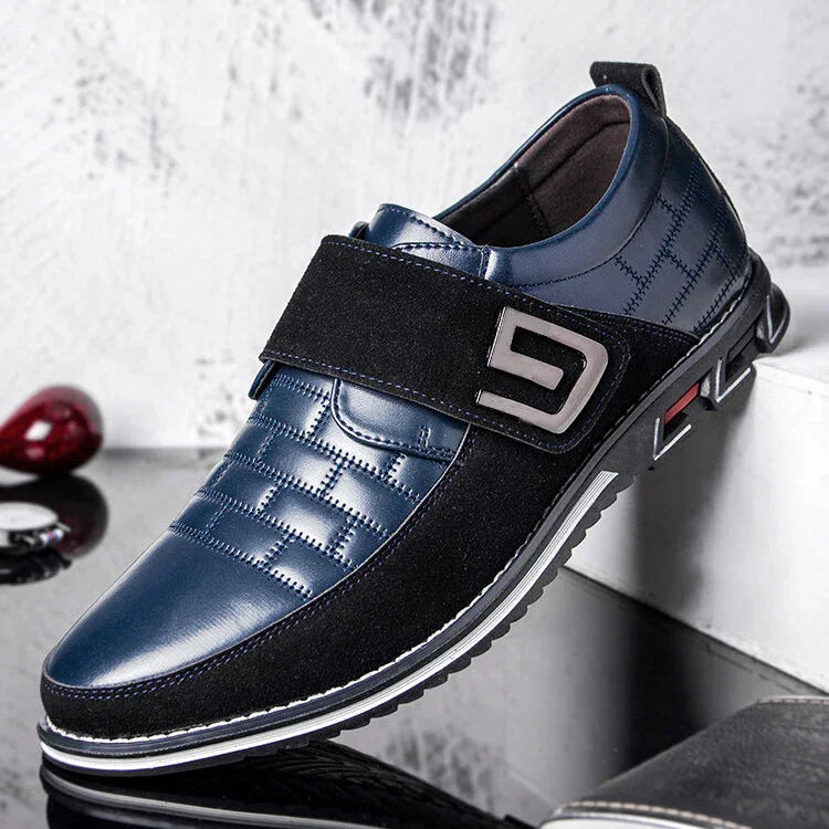 Men's Metal Decor Genuine Leather Splicing Non-Slip Velcro Business Casual Shoes main image 1