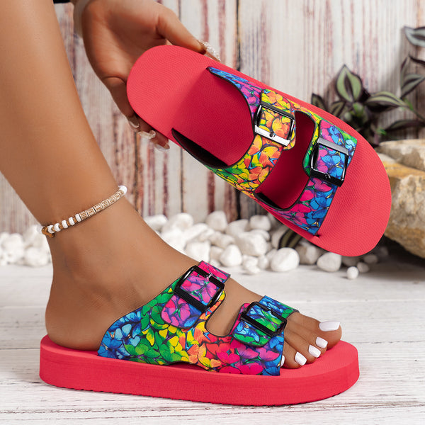 Women Thick-soled Belt Buckle Lightweight Soft Colorful Slippers