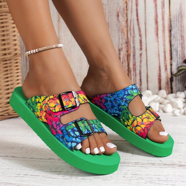 Women Thick-soled Belt Buckle Lightweight Soft Colorful Slippers