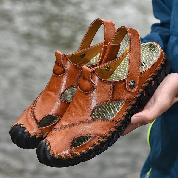 Men's Casual Closed Toe Leather Handmade Sandals Adjustable Fisherman Beach Sandals For Outdoor Walking Driving