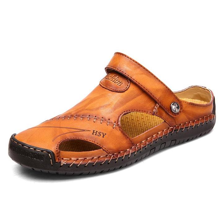 Kaegreel Men's Summer Closed Toe Handmade Leather Beach Sandals ...