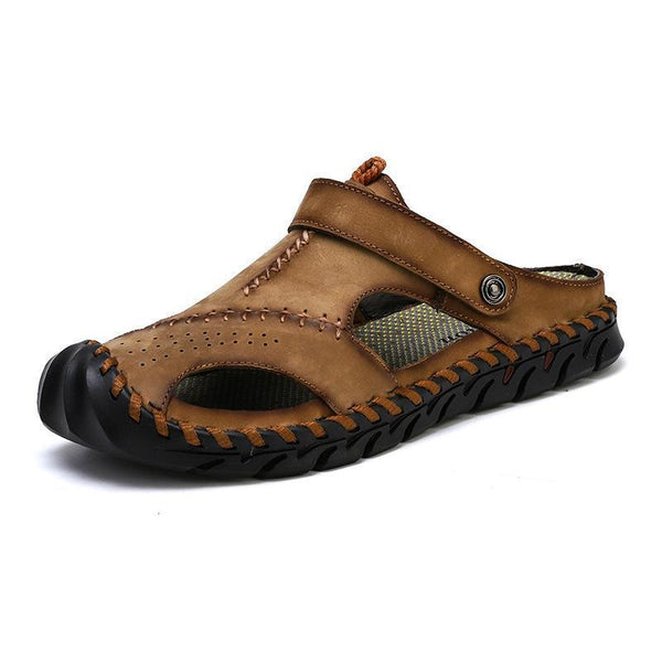 Kaegreel Men's Hand Stitching Leather Non Slip Outdoor Casual Beach Sandals