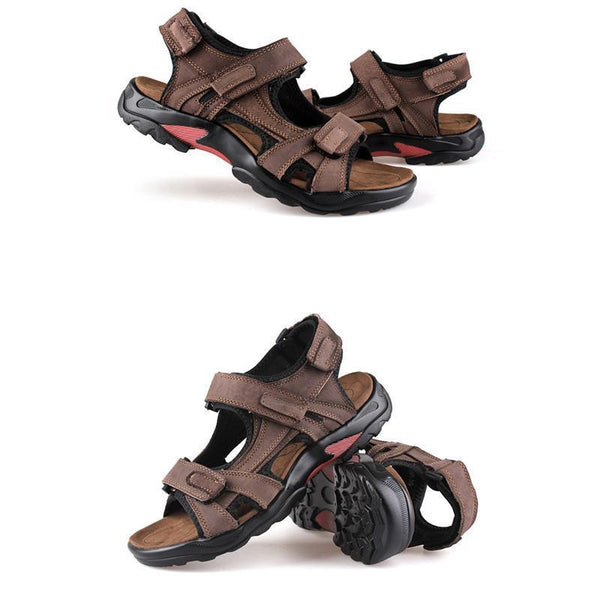 Men's leather beach shoes in the first layer with open toe slip summer handmade sandals in plus sizes outdoors