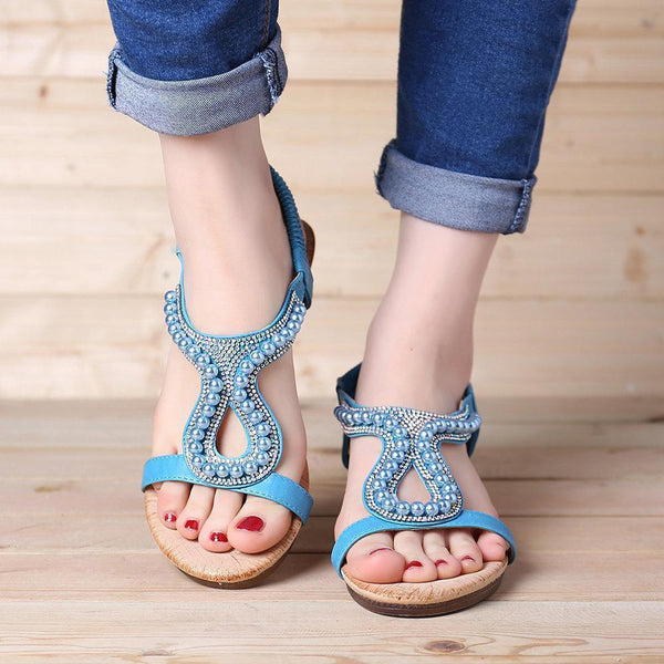Women pearl rhinestone elastic wedges sandals