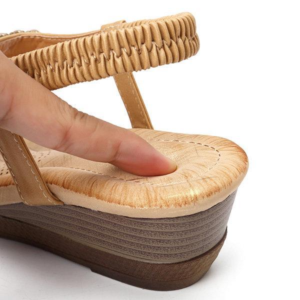 Women pearl rhinestone elastic wedges sandals
