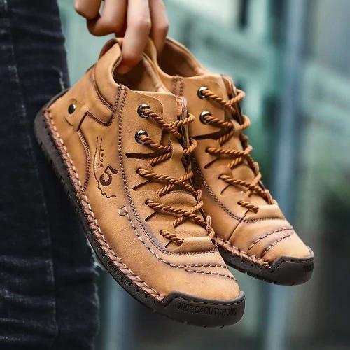Kaegreel Men's Hand Stitching Vintage Microfiber Leather Lace Up Comfy Soft Ankle Boots