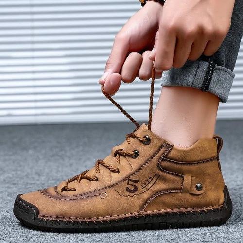 Kaegreel Men's Hand Stitching Vintage Microfiber Leather Lace Up Comfy Soft Ankle Boots