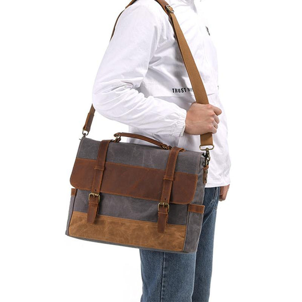 Men's oil wax canvas leather shoulder bag with Crazy Horse leather shoulder bag with computer briefcase and retro shoulder bag