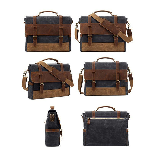 Men's oil wax canvas leather shoulder bag with Crazy Horse leather shoulder bag with computer briefcase and retro shoulder bag