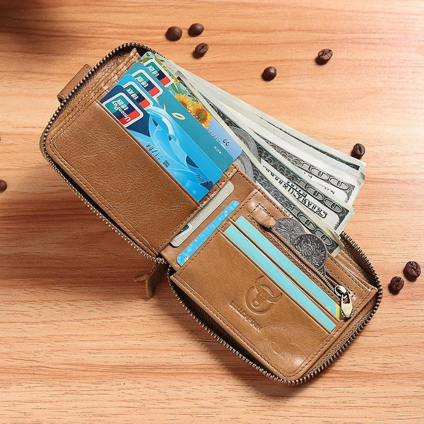 Men RFID Antimagnetic Solid Cowhide 11 Card Slots Coin Bag Zipper Wallet