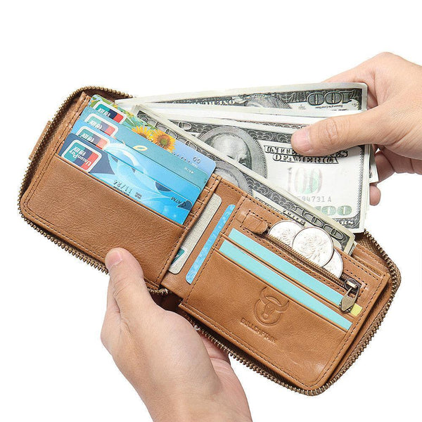 Men RFID Antimagnetic Solid Cowhide 11 Card Slots Coin Bag Zipper Wallet