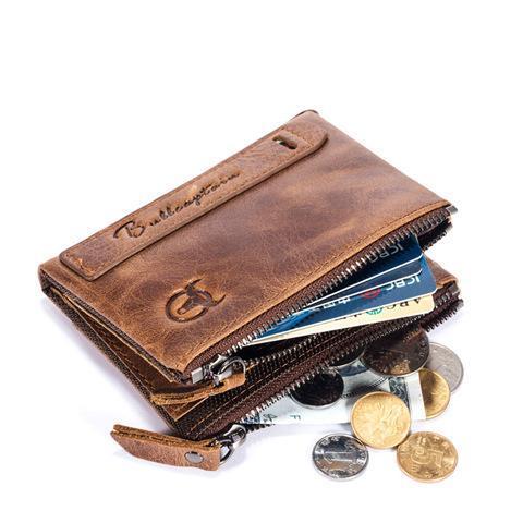 Mero retro billetera de cuero con cremallera con cremallera de cuero billetera corta titular de la tarjeta Cartera RFID billetera