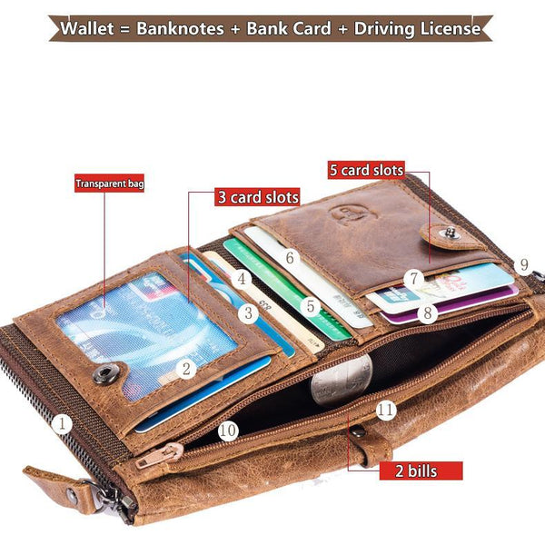 Men's Retro Leather Wallet Leather Zipper Buckle Short Wallet Card Holder Wallet RFID Wallet