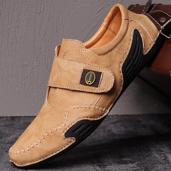 Kaegreel Men's Hand Stitching Leather Hook Loop Soft Casual Driving Shoes