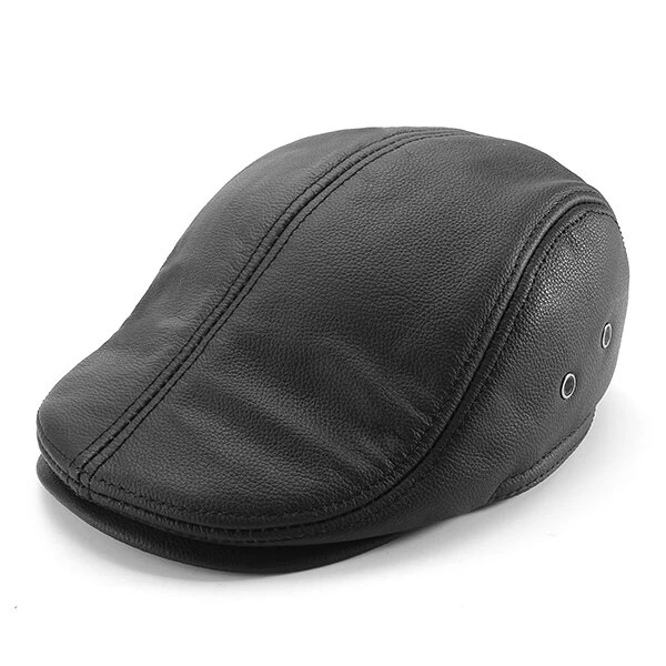 Men's Vintage Genuine Cowhide Beret Caps Ear Flaps Windproof Duckbill Warm Black Brown Hats