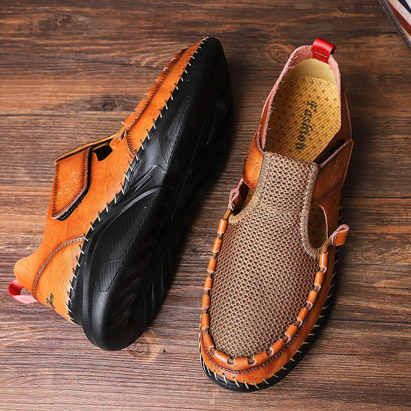 Kaegreel Men's Breathable Mesh Splice Handmade Leather Sandals