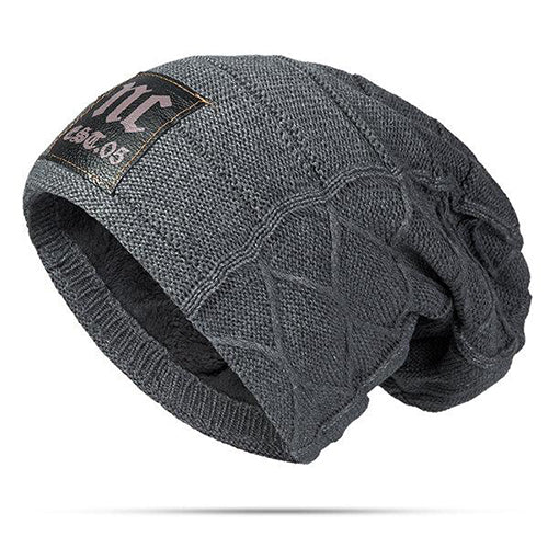 Men's Winter Plus Velvet Warm Knitted Hat Casual NC Letter Solid Skullies Beanie Hat
