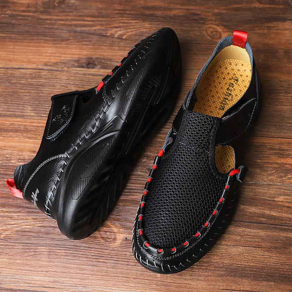 Kaegreel Men's Breathable Mesh Splice Handmade Leather Sandals