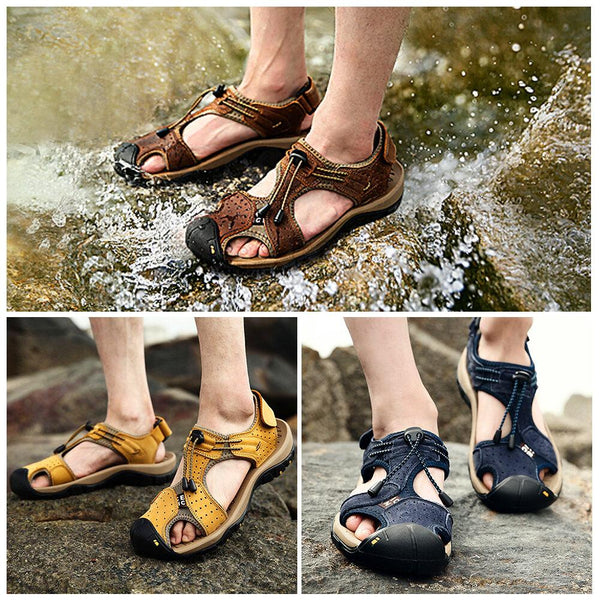 Men Leather Sandals Hiking Hiking Shoes Outdoor Trekking Sandals Breathable Sports Shoes Hook Loop Shoes