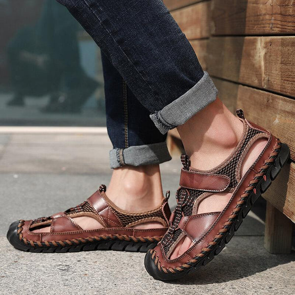 Kaegreel Men's Closed Toe Hand Stitching Outdoor Non Slip Dress Leather Sandals