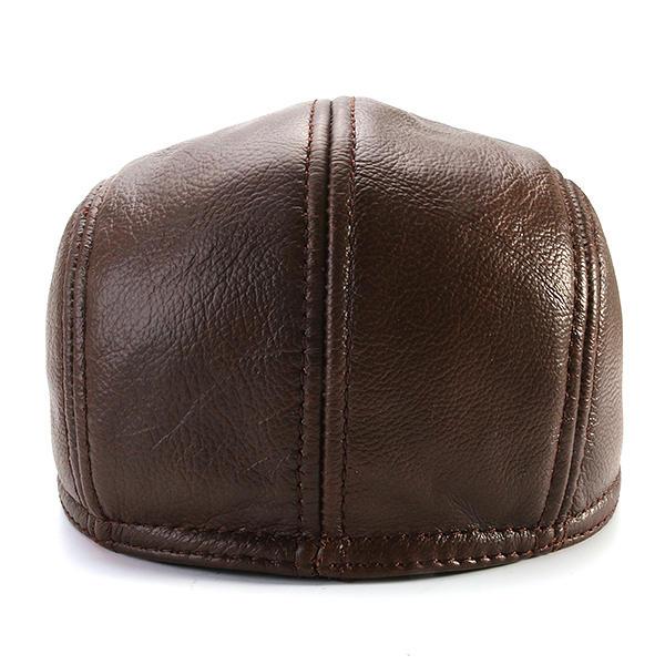 Men's Vintage Genuine Cowhide Beret Caps Ear Flaps Windproof Duckbill Warm Black Brown Hats