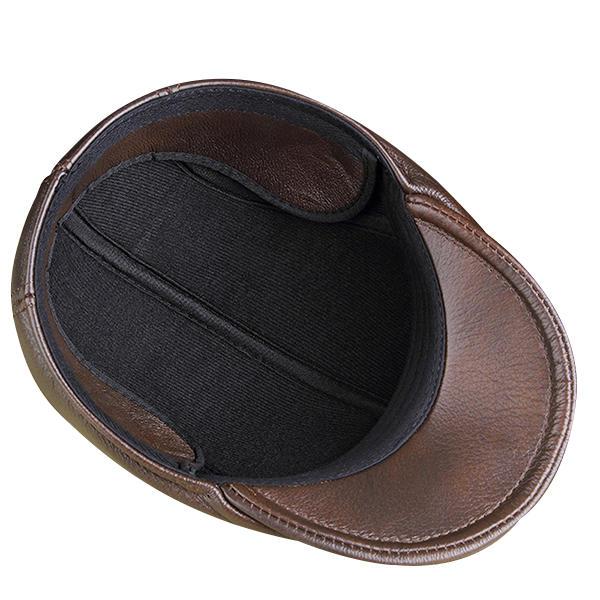 Men's Vintage Genuine Cowhide Beret Caps Ear Flaps Windproof Duckbill Warm Black Brown Hats