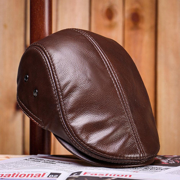 Men's Vintage Genuine Cowhide Beret Caps Ear Flaps Windproof Duckbill Warm Black Brown Hats