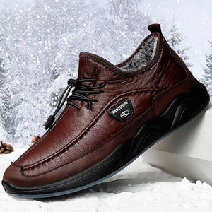 Kaegreel Men's Plush Lining Warm Elastic Lace Non Slip Casual Leather Shoes