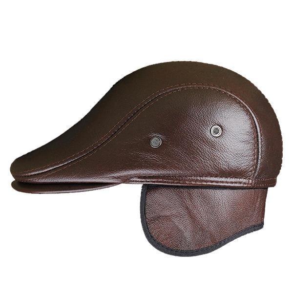 Men's Vintage Genuine Cowhide Beret Caps Ear Flaps Windproof Duckbill Warm Black Brown Hats