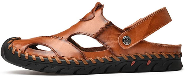 Men's Casual Closed Toe Leather Handmade Sandals Adjustable Fisherman Beach Sandals For Outdoor Walking Driving