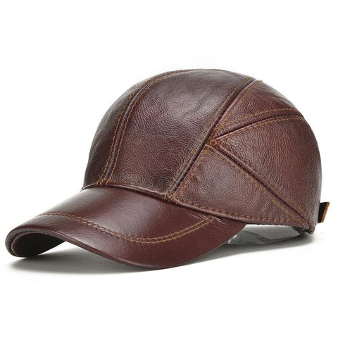 Men's Winter Real Leather Baseball Caps with Ear Flaps Outdoor Warm Trucker Adjustable Hats