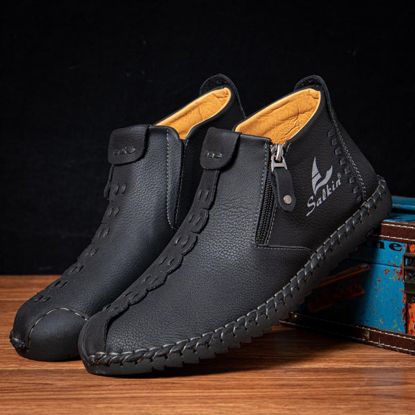 Men's Hand Sewing Side Zippered Soft Comfy Slip On Ankle Boots