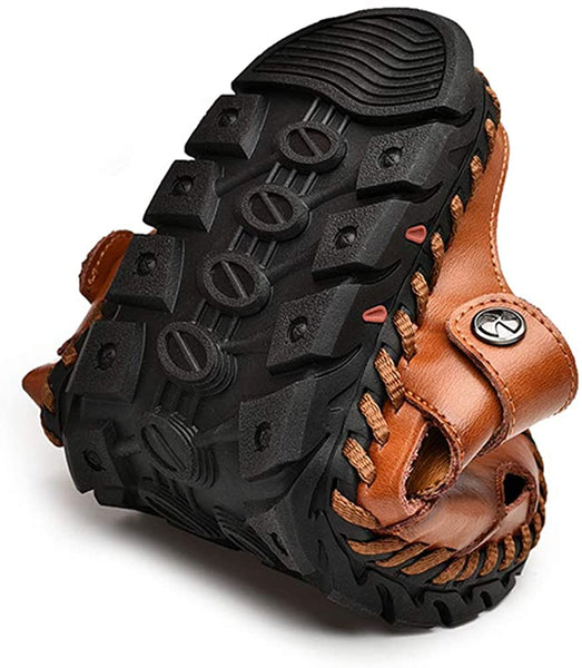 Men's Casual Closed Toe Leather Handmade Sandals Adjustable Fisherman Beach Sandals For Outdoor Walking Driving