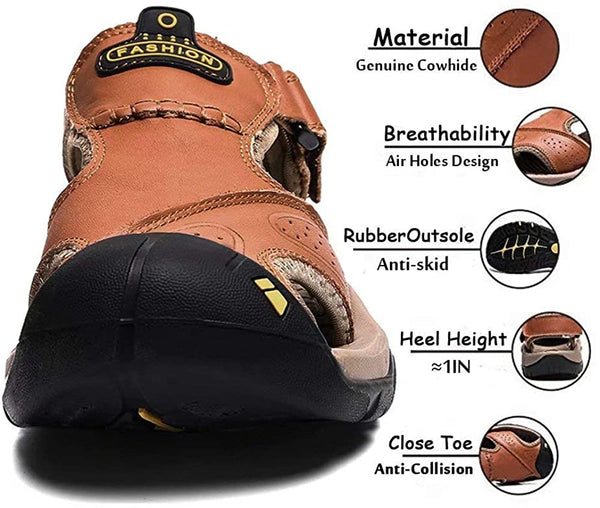 Men's Leather Sandals Outdoor Hiking Sandals Waterproof Athletic Sports Sandals Fisherman's Beach Shoes Closed Toe Water Sandals