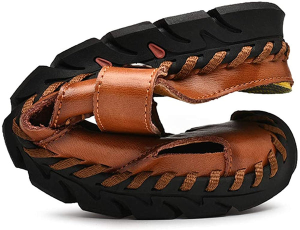 Men's Casual Closed Toe Leather Handmade Sandals Adjustable Fisherman Beach Sandals For Outdoor Walking Driving