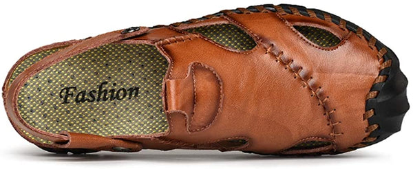 Men's Casual Closed Toe Leather Handmade Sandals Adjustable Fisherman Beach Sandals For Outdoor Walking Driving