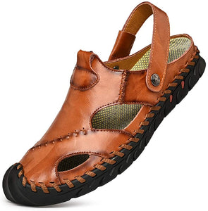 Men's Casual Closed Toe Leather Handmade Sandals Adjustable Fisherman Beach Sandals For Outdoor Walking Driving