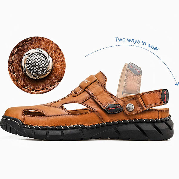 Kaegreel Men's Genuine Leather Non Slip Hand Stitching Soft Sole Casual Sandals
