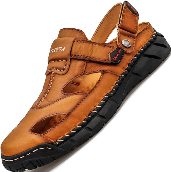 Kaegreel Men's Genuine Leather Non Slip Hand Stitching Soft Sole Casual Sandals