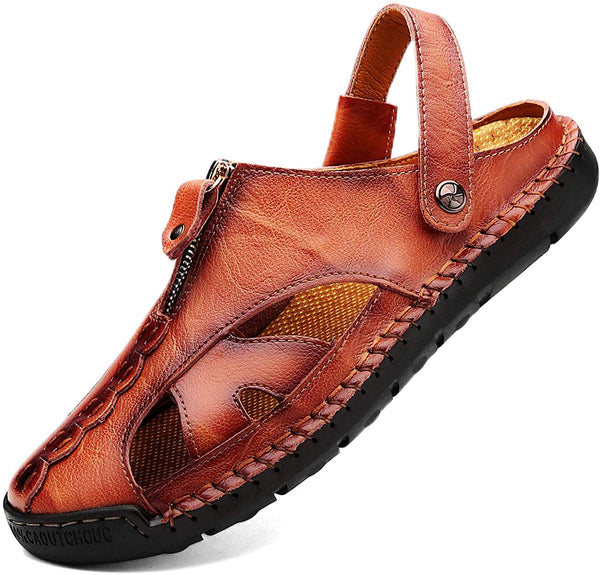 Men's Casual Closed Toe Leather Handmade Sandals Adjustable Fisherman Beach Sandals for Walking Walking Outdoors