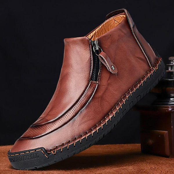 Men's leather handmade shoes hand-stitched side zipper Comfortable soft ankle boots