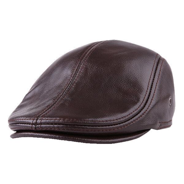 Men's Vintage Genuine Cowhide Beret Caps Ear Flaps Windproof Duckbill Warm Black Brown Hats