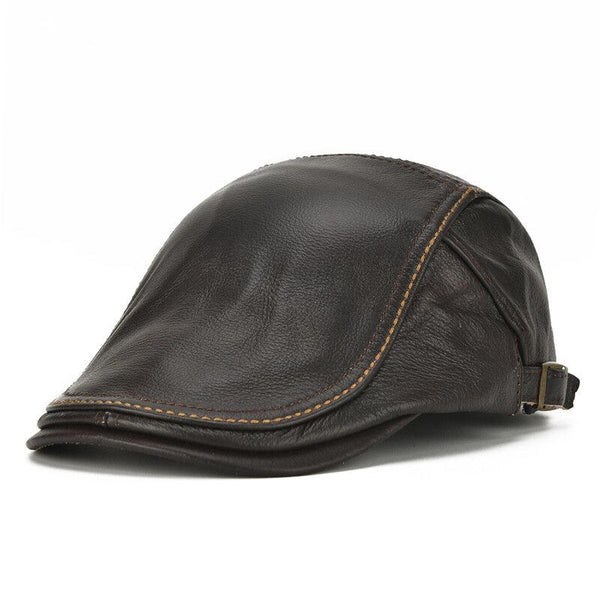 Men's Genuine Cowhide Leather Beret Caps Solid Casual Warm Forward Caps Adjustable