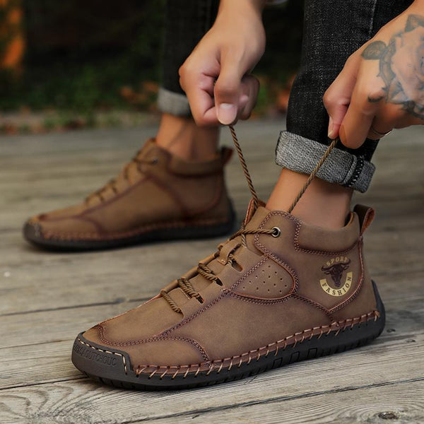 Men's Handmade Stitching Leather Shoes Non-Slip Soft Sole Casual Ankle Boots
