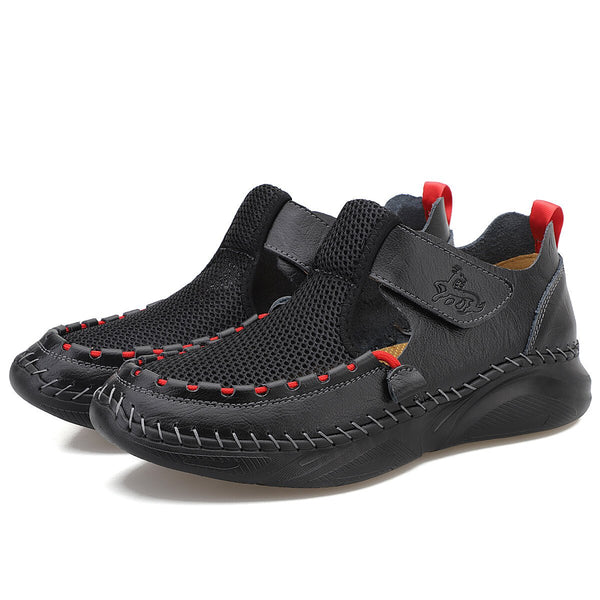 Kaegreel Men's Breathable Mesh Splice Handmade Leather Sandals